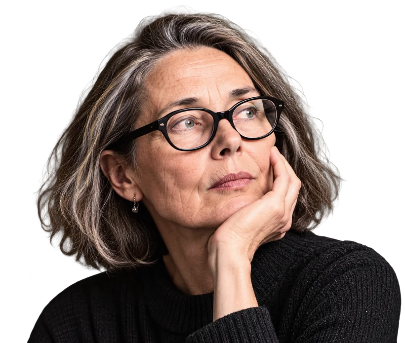 Retrato ilustrativo de una escritora con gafas, pensativa (no es una fotografía de Anne Carson)